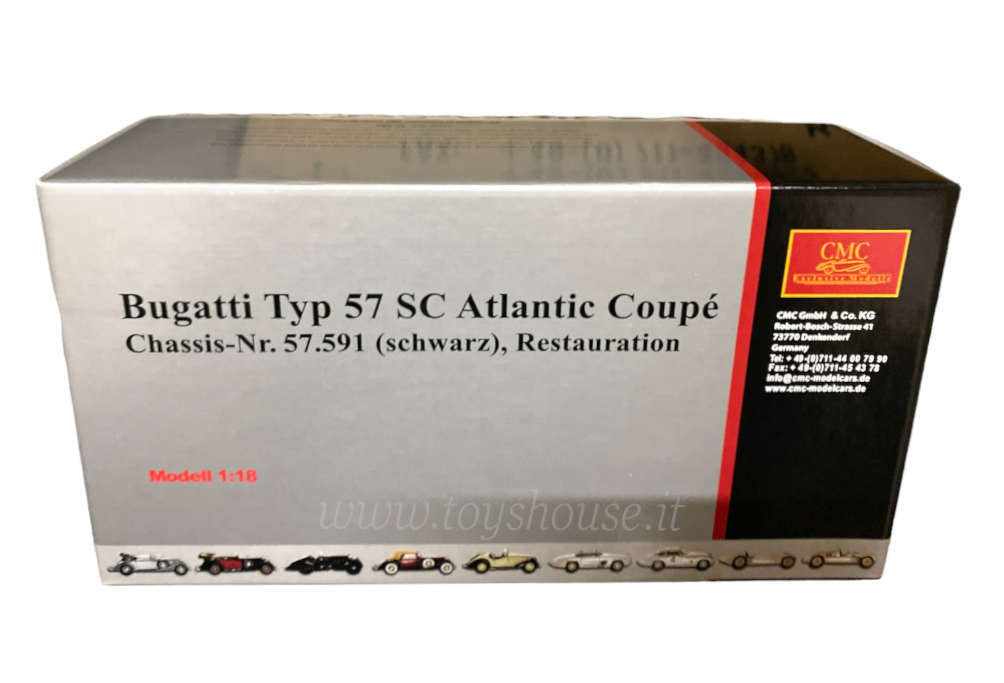 CMC 1:18 scale item M085 Bugatti Type 57SC Atlantic Chassis No. 57.591 Coupè Restauration 1938