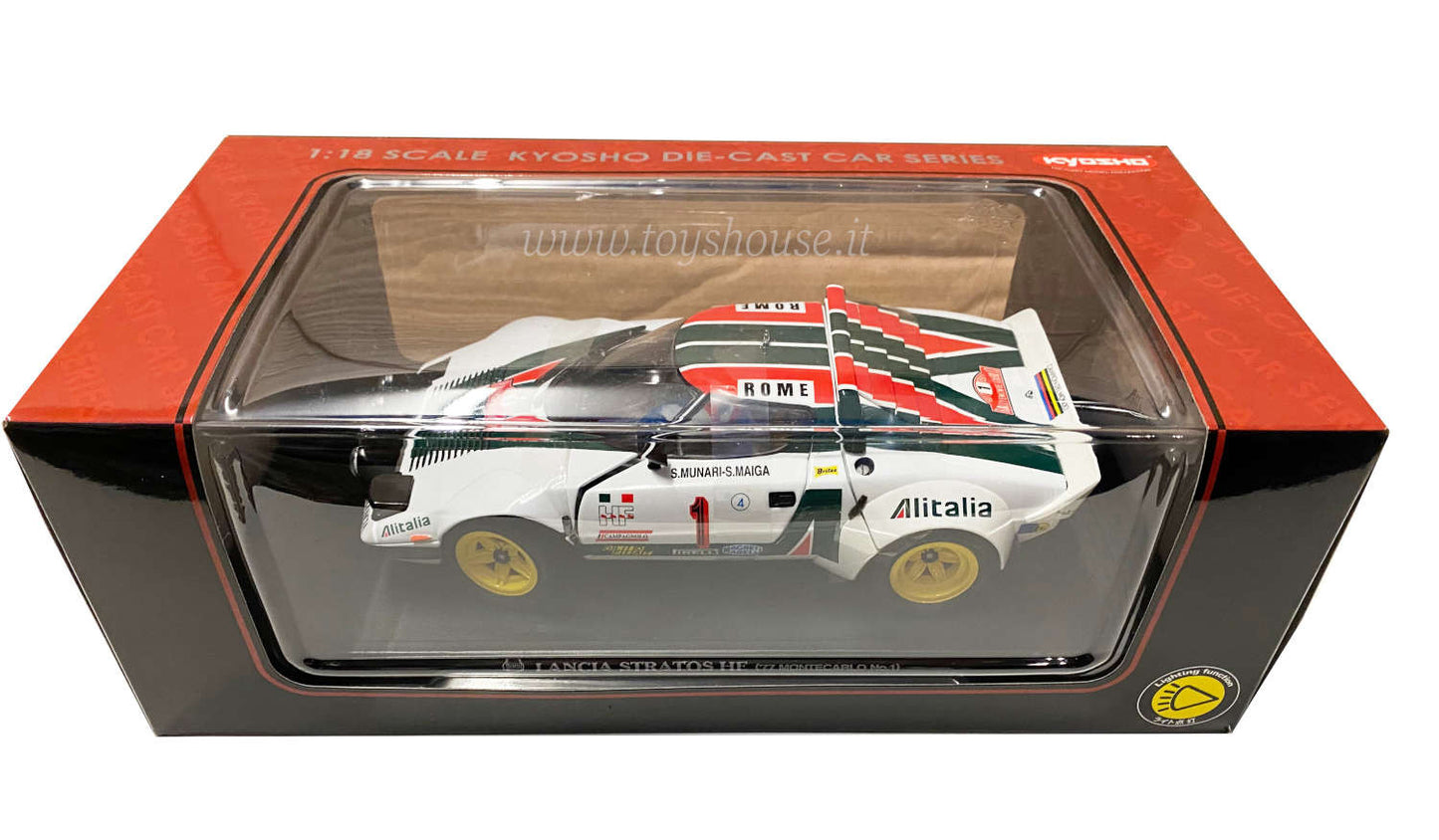 Kyosho 1:18 scale model item 08139B Lancia Stratos HF Rally Monte Carlo Night Version 1977