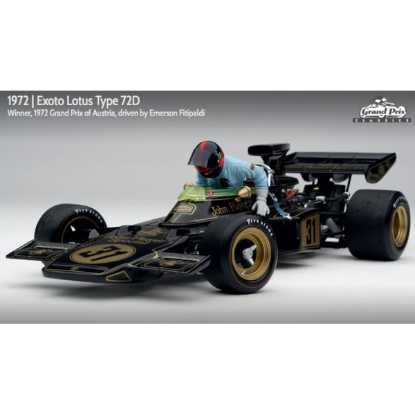 Exoto 1:18 scale item GPC97032 Grand Prix Classics Collection Lotus Type 72D - Emerson Fittipaldi