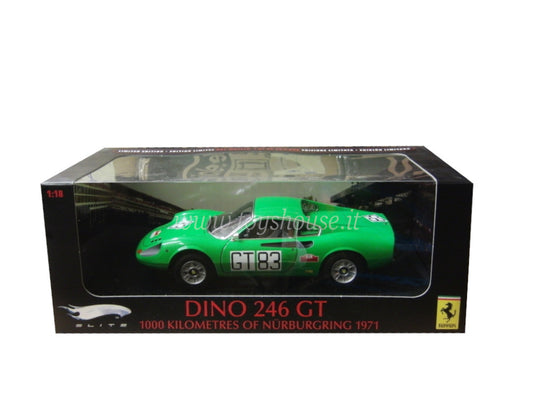 Hot Wheels 1:18 scale item T6260 Elite Ferrari Dino 246 GT n.GT83 1971 (1000 Km of Nurgburgring) Limited Edition 5000 pcs