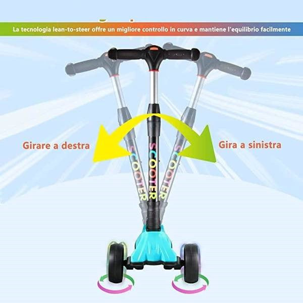 Mikado 3 Flashing Wheels Monopattino 3 Ruote con Sterzo Regolabile e Telaio in Alluminio peso massimo 60kg